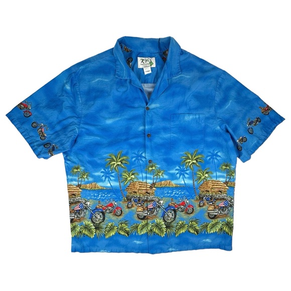 KY’s Other - KY'S Vintage Shirt Mens 2XL Blue Hawaiian‎ Motorcycle Beach Palms Tiki Aloha USA
